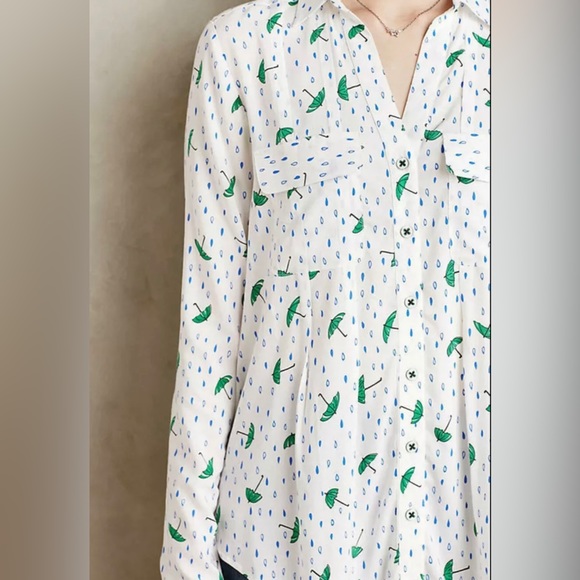 Anthropologie | Maeve Long Sleeve Whimsical Umbrellas & Rain Drops Blous… - Picture 3 of 8